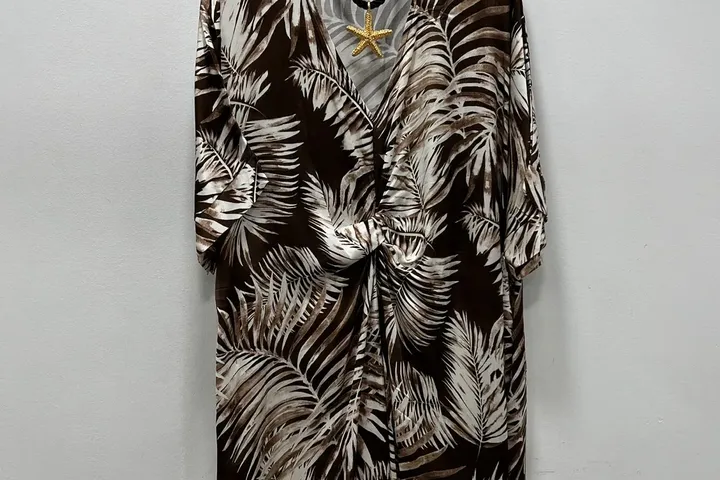 Vestido tunica mezcla 20 % seda marrón palmeras (142 pecho, 138 cadera)